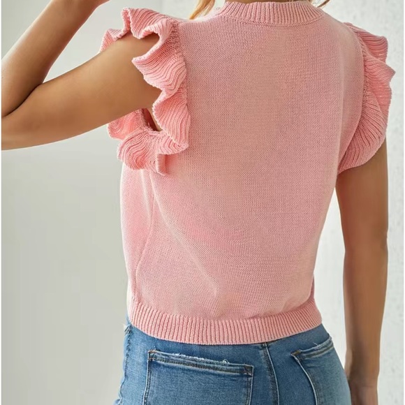 VINTAGE INSPIRED PINK RED & WHITE POLKADOT RUFFLE MUSHROOM SWEATER KNIT TOP - Picture 6 of 6